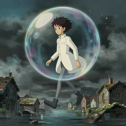 hyperrealist cel - shaded studio ghibli cartoon of a skinny grey scientist walking out of a bubble in the sky in a flooded suburb from howl's moving castle ( 2 0 0 4 ). moody, misty, depth perception.