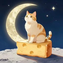 “ a cat sitting on the moon made of cheese, anime, manga, drawing, bright color ”