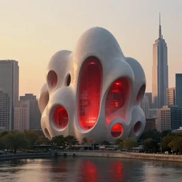An epic architectural rendering of a blob shaped trypophobia house with a mysterious red glow emitting from inside in a modern cityscape next to a river, by Martin Johnson Heade and Greg Rutkowski, stunning, gorgeous, golden ratio, photorealistic, featured on artstation, 4k resolution