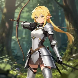 isekai cute bombshell anime girl armored elven archer standing in forest. cute face. aesthetic, golden ratio. beautiful lineart, depth focus, rankings pixiv, artstation, soft lighting, artistic pose, artstation, character concept, cinematic, motion blur, chromatic abberation. by trent kaniuga, kienan lafferty