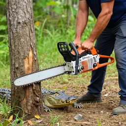 man cutting down a tree with a chainsaw aligator