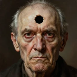 an old man with a scary intense fleshy hole in the middle of his face, hole in his head, hole in his face, centered and symmetrical, digital painting by Rembrandt and Thomas Kinkade and Greg Rutkowski, 4k wallpaper, realistic, detailed facial features