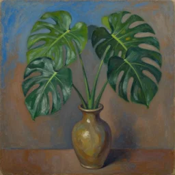 expressive, medium shot, vase with monstera deliciosa, blue and brown background, oil painting, impasto, muted colors, tropical, artwork by lucian freud, arnold bocklin, ossip zadnike