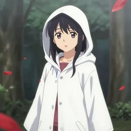 “Detailed key anime visual of a beautiful girl; wearing a white and grey raincoat; red petals”