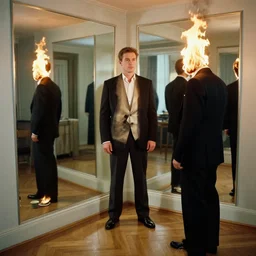 man in mirrors room with coffee and black suit by leyendecker and dean cornwell, 5 feet distance from the camera, head on fire
