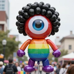 a strange, segmented creature with 1 eye, an afro hair, and rainbow segments, macy's parade balloon