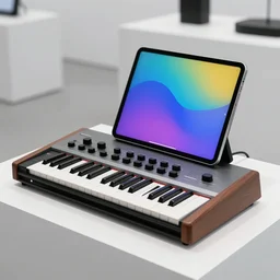 dezeen showroom , minimalissimo, archdaily, , teenage engineering moad, mother of all decks, product design concept,product shot of moog melotron synthesizer with ipad gradient screen on top designed by jony ives, dieter rams, 8k, highly detailed photo
