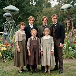sharp,  detailed, 368640k film, 1750000mm film still from a sci fi blockbuster color movie made in 2019, set in 1860, of a family standing in a park, next to some strange alien plants and flowers, on an alien planet, the family are all wearing 1860s era clothes, good lighting, enhanced faces, 700mm f/1.4L lens