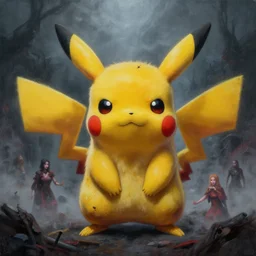 high intricate detailed painting of a hellish fierce pikachu covered in moody light and fog, rudy siswanto, maria panfilova, elina karimova, by tea me, victor titov, on artstation