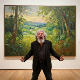 epic photo of old!!!!!!!!!!!!!!!!!!! bold bob ross in a gallery frustrated and angry and yelling!!!!!!!!!!!! at a huge painting of nature!!!!!!!!!! by bob ross, grey hairs, masterpiece, trending on artstation