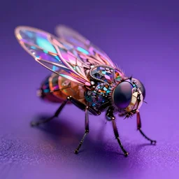 high quality macro photo holographic neoclassical fly! jeweled gorgeous! highly detailed digital art david ligare elson peter cinematic purple neon lighting high quality low angle hd 8k sharp shallow depth of field