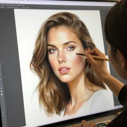 painting detailed portrait woman using computer