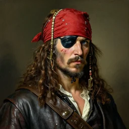 detailed portrait of a pirate, red bandana, leather coat, eye patch and a scar on the face, blue eye, white beard, classic portrait composition, classic fantasy illustration, very masterful, by georges de la tour, franck frazzeta