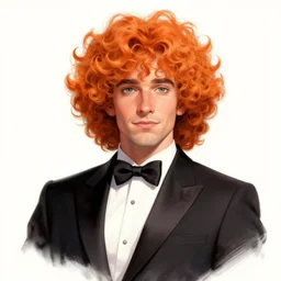 illustration drawing of a mid range curly orange hair man with tuxedo as a portrait, masterpiece artwork, ultra detailed, artgerm, style by pixar, digital art, trending on artstation, behance, deviantart