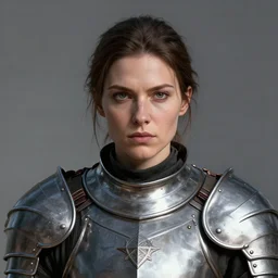 head portrait, full faced, 35 years old women, strict, militaristic, medieval light armor, high detail, androgyny, digital art, medieval fantasy