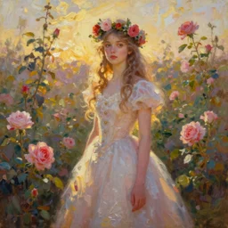 young princess in flower and thorn crown in rose garden full body portrait painting study, slim face, glowy dreamy golden sunset, oil on canvas, loose brushwork, featured trending on artstation