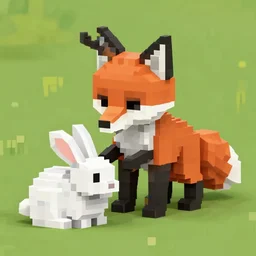 a voxelised fox eating a voxelised rabbit