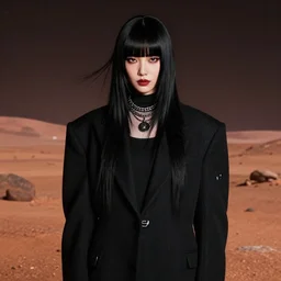 junji ito. a beautiful!!! model asian woman with black hair and bangs wearing balenciaga gucci clothes on mars, futuristic official photograph, aesthetic