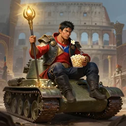 a filipino man sitting on a tank holding a scepter and eating popcorn, fantasy colosseum background, fantasy, digital painting, volumetric light, intricate, sharp, focus, bloom, illustration, highly detailed, concept art, matte, ruan jia, randy vargas, greg rutkowski