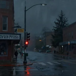 painterly, messy, ominous 'jon hale'!! landscape of north bend, washington main street, dark, lonely!! stop light glowing, 'twin peaks'!, lone dark figure, paint streaks, visible paint texture