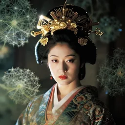 Hyper realistic and detailed portrait photography of a Japanese queen with adorned crown and fractal plants all around. detailed. depth of field. Rembrandt light. moody. lens flare. kodak portra.