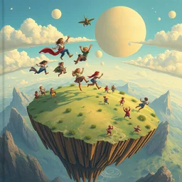people falling off of the flat earth, insanely detailed, fantasy illustration, colorful, children's book cover