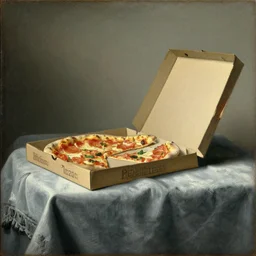 Dutch Still Life of the 1600s, old oil painting: Table with tablecloth, pizza carton with pizza slices