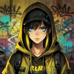 highly detailed portrait of a sewerpunk sullen young adult lady, blue eyes, hoody, hat, by atey ghailan, by greg rutkowski, by greg, tocchini, by james gilleard, by joe fenton, by kaethe butcher, gradient yellow, black, brown and cyan color scheme, grunge aesthetic!!! ( ( graffiti tag street background ) )