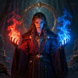 Front portrait of mage hold a blue fire on right hand and red fire on the left hand, fine art, awesome fantasy book cover on Pinterest, award winning, dark fantasy landscape, fantasy magic, intricate, elegant, sharp focus, highly detailed, digital painting, concept art, art by WLOP and Artgerm and Greg Rutkowski, masterpiece, trending on artstation