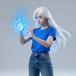 photography of a girl sorcerer with white hair, jeans, and a blue tshirt, learning how to use magic. radiating blue energy. photorealistic, magical atmosphere, by Andreas Rocha, guillaume tholly, Gthl.art, Makoto Shinkai, genshin impact, Breath of the wild, studio ghibli. Trending on ArtStation. award winning