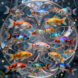 colorful fish swimming, in intricate abstract. delicate artwork. by Tooth Wu, wlop, beeple, dan mumford. octane render, trending on artstation, greg rutkowski very coherent symmetrical artwork. cinematic, hyper realism, high detail, octane render, 8k, depth of field, bokeh. chrome accents.