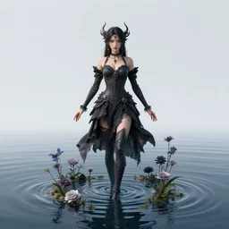 dark fantasy female magician, flowers, water, correct human anatomy, wide angle view, fullbody view, highly detailed, qichao wang, artgerm, cushart krenz, zeronis, trending on artstation, soft light, sharp edges, illustration, character design, concept art