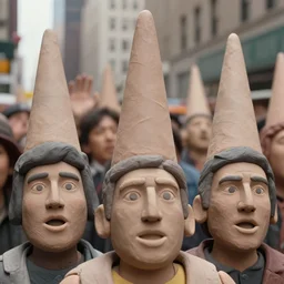 polymer clay coneheads rioting in new york, detailed facial expressions, 1 9 8 0 s aesthetic