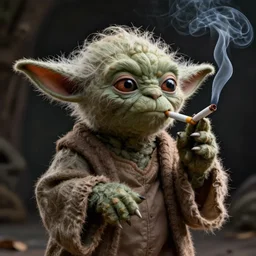 Yoda smoking a cigarette, digital art, realistic, artstation, detailed