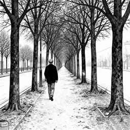 walking alone in the boulevard of broken dreams, painted black, hyper detail, in the style of moebius, nicola samuri, rule of thirds