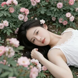a beautiful girl lying down in a garden of roses