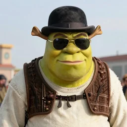 shrek ogre that looks like bryan cranston as walter white with goatee, wearing bowler hat and sunglasses