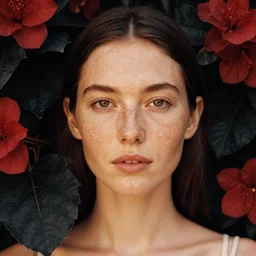 A head and shoulder frontal face portrait photography of a freckled woman surrounded by big black dark leaves and red flowers by Annie Leibovitz. Lookbook. Golden hour. Kodak Color Plus 200 film. extremely detailed hyperrealist. Rembrandt light style. swirly bokeh. warm light. muted colors. lens flare. photoreal. Medium format photography. Leica M9.