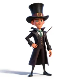 heroic magician with top hat and wand, stylized pixar-style 3d render, full body, standing, isolated on a pure white background, centered, whole figure in frame, sharp focus, studio lighting