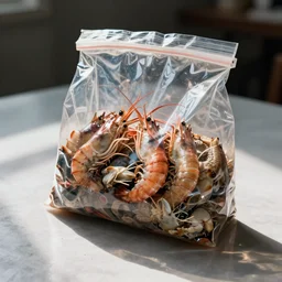 a bag of scampi filled with dead marine life on a table