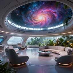 ultra modern concept design of a vast spaceship interior, futuristic chairs and sofas can be seen in the foreground, a large colorful nebula can be seen from a window, large plants in the background, in the style of Guardians of the Galaxy and Blade Runner, wide angle shot, digital painting C 10.0