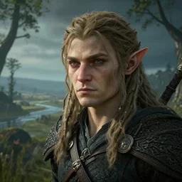 an ultra realistic, cinematic, fantasy portrait, of an elden ring elf, branches, facial features, background of a vast serene landscape, with trees and rivers, detailed, deep focus, movie still, dramatic lighting, ray tracing, by wlop and ross tran