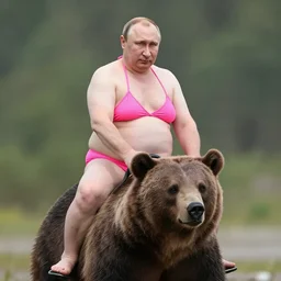 vladimir putin, overweight, wearing a pink bikini and a bra, riding a bear, 8 k, professional portrait photography