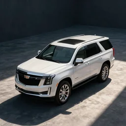 A photo of a white SUV based on a Cadillac Escalade and Chevrolet Tahoe, high angle