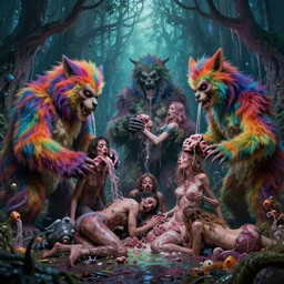 an orgy of colorful, beautiful flesh - eating giant timikawas with rainbow fur eating terrified humans, in a whimsical forest with melting trees, nightmare scene, supernatural, highly detailed, digital art creepy, terrifying, david cronenberg