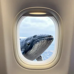 an airplane with a tiny whale pilot, the whale is in the airplane cabin, the whale head can be seen through the window
