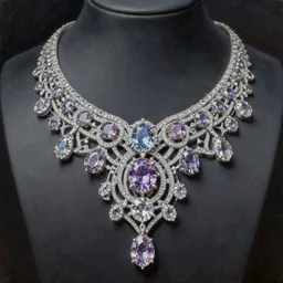 highly detailed oil painting, front view, necklace on display, very realistic gemstones, art nouveau, ornate, delicate, brilliant precious gemstones necklace, dramatic light,