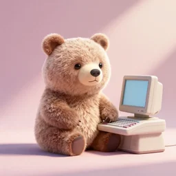 A bear sitting in front of a 90s compute, cute, pastel, bubbly