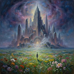 a beautiful painting of a large alien city shrouded by mystic nebula magic in a field of flowers by moebius and android jones, oil on canvas sharp, details, hyper - detailed, hd, hdr, 4 k, 8 k