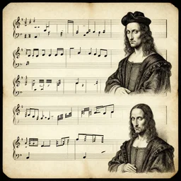 haunted music sheets by h. p. lovecraft and leonardo davinci, hyper detailed, stained paper, clear calligraphic musical notes, horror,